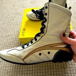 High top white leather sneakers size 8